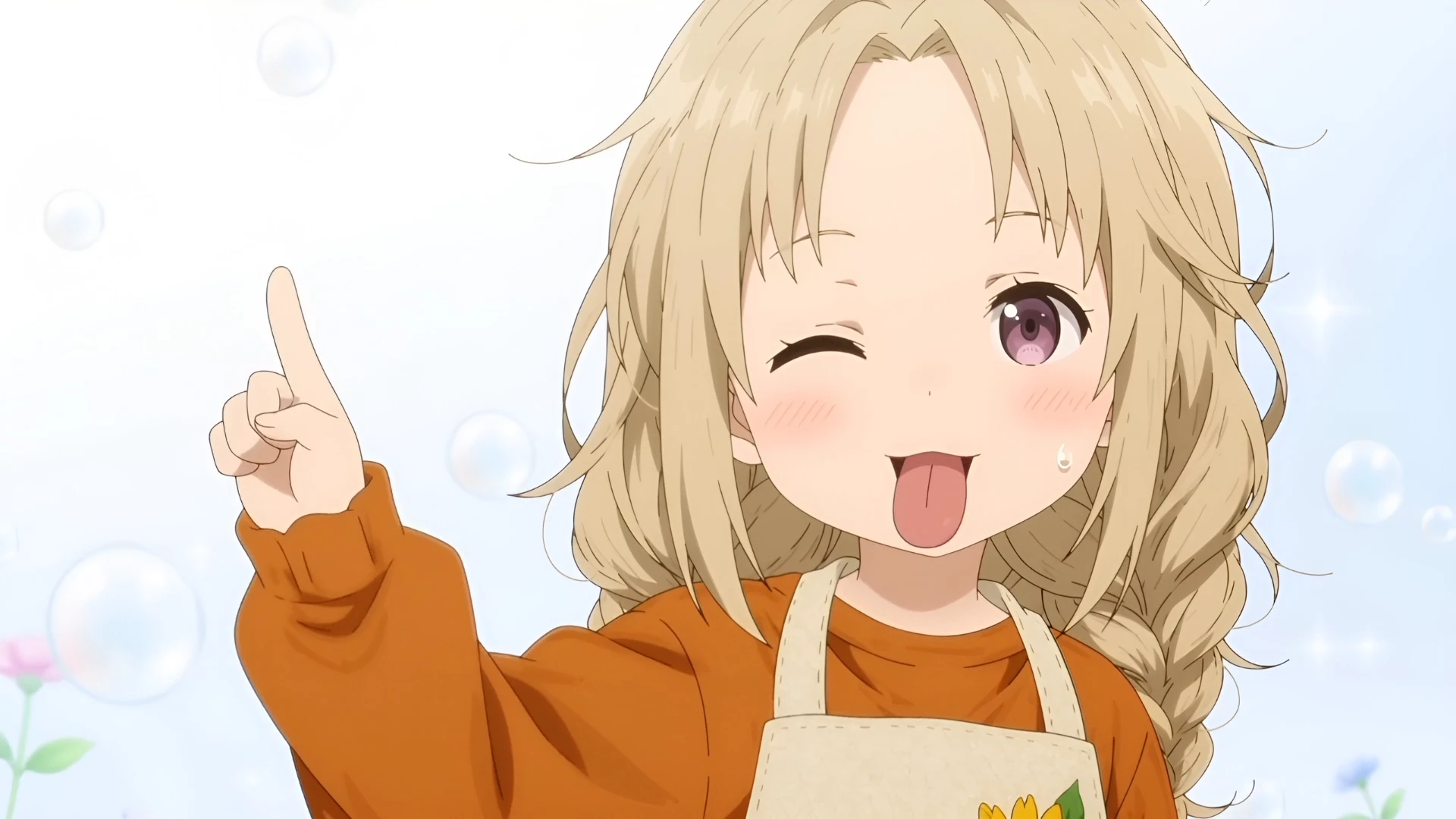 ▲  [@少女]は右目をぱちりと閉じてウィンクをし、舌を「てへぺろ」と小さく出し、頭を左に傾け、頬をピンク色に染める。