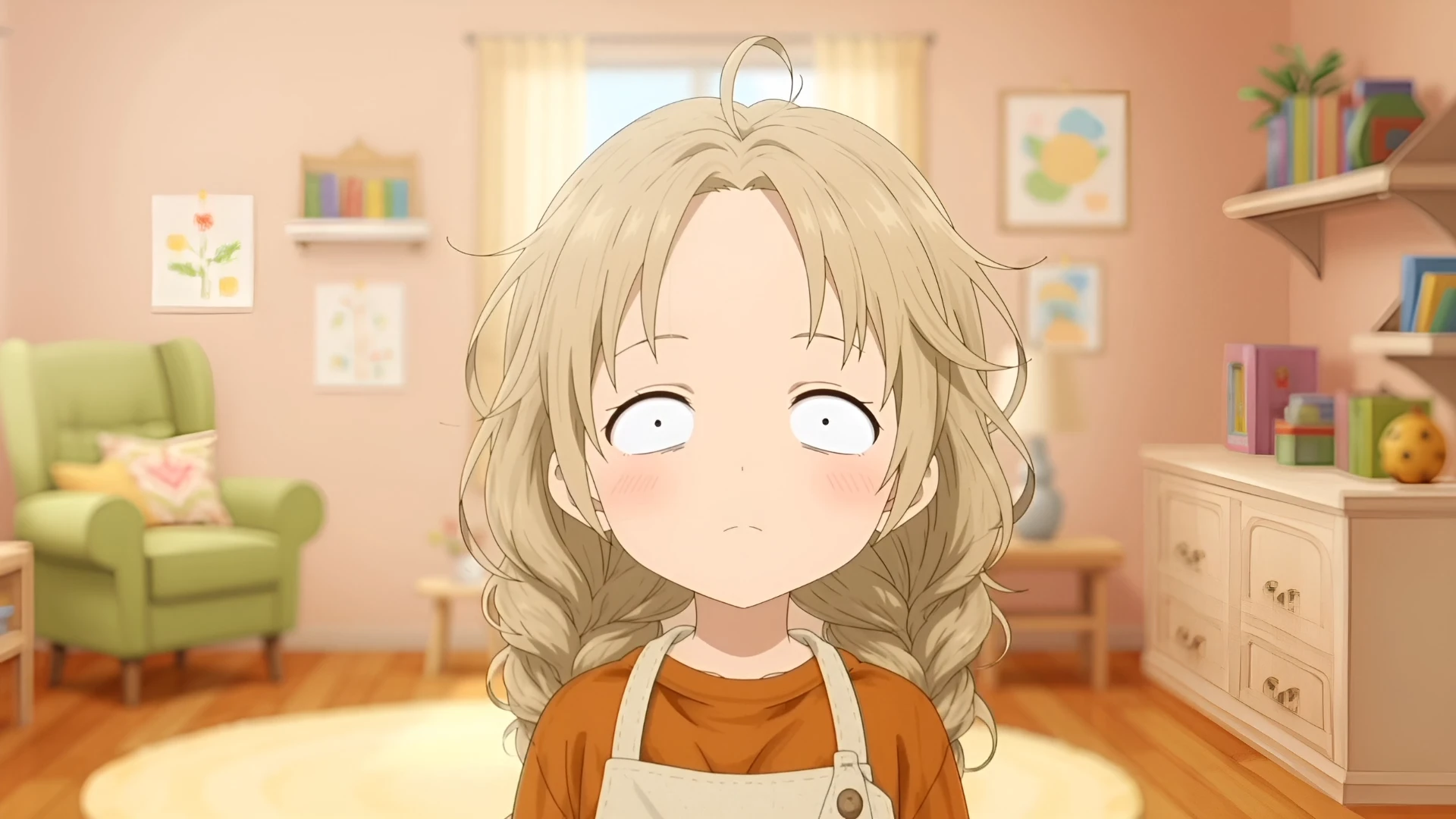 ▲  [@少女]の分厚い上まぶたが滑り落ち、細い水平の白い帯だけが残り、瞳孔はスリットの外側で小さな点に縮み、眉は高くアーチを描き、かすかな目の下の影が現れる。