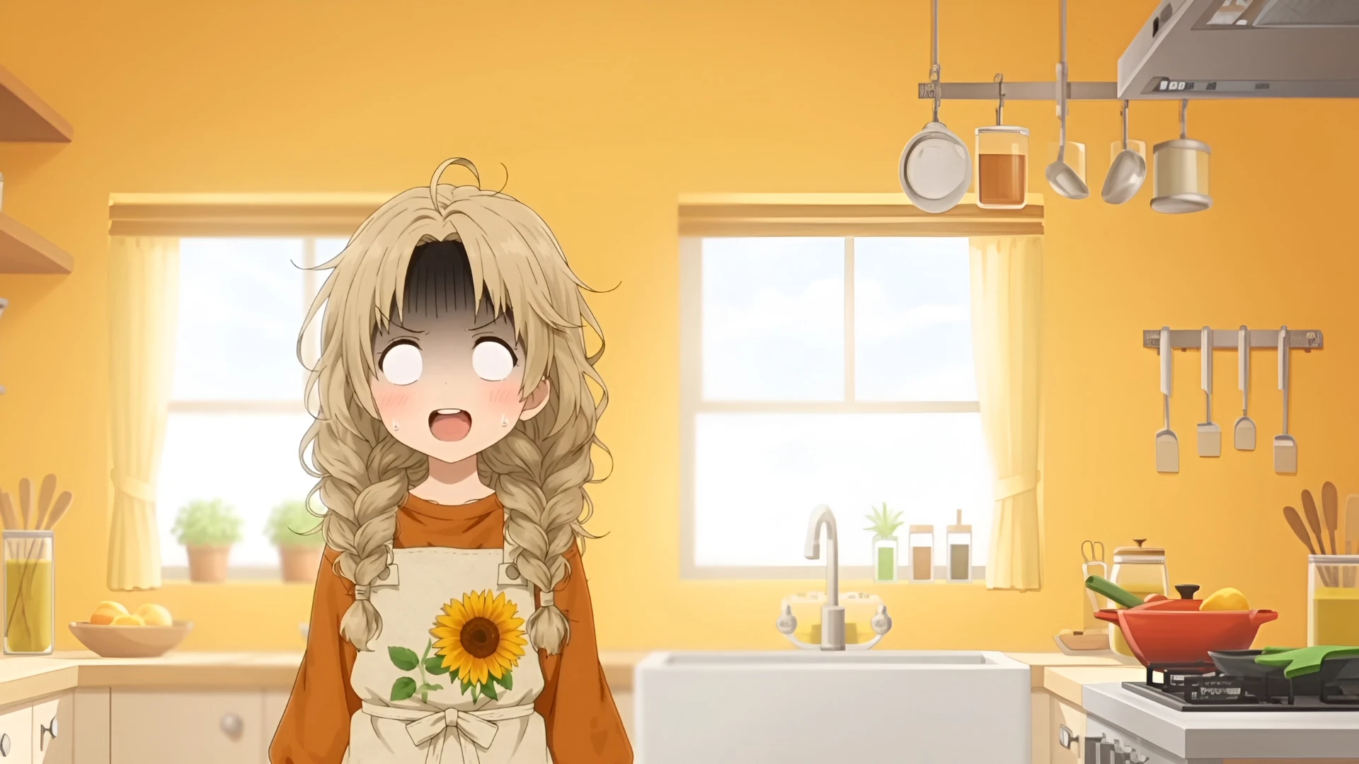 ▲  [@少女]の目が白目になり丸に反転し、口がわずかに開き、眉が上に跳ね上がる。チャコールのグラデーションが前髪の下からフェードインし、不透明度は眉の横でピークに達し、ゆっくりと目の下までスライドダウンする。