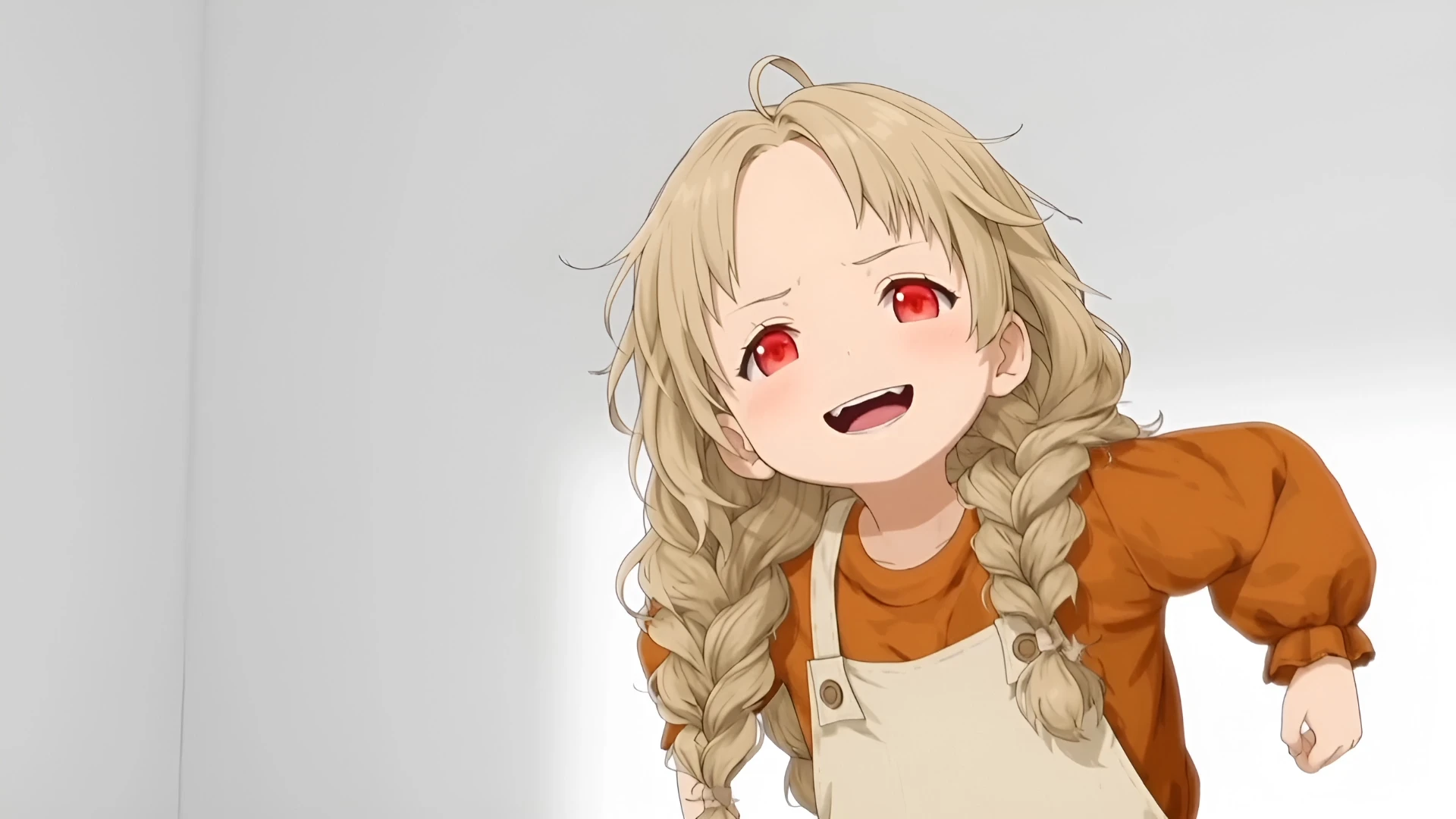 ▲  [@少女]はゆっくりとカメラに向かって首を上に傾ける。目は真紅に輝き、瞳孔が小さくなる。肩が上がる一方で、彼女の顔には不穏な笑みが広がる。