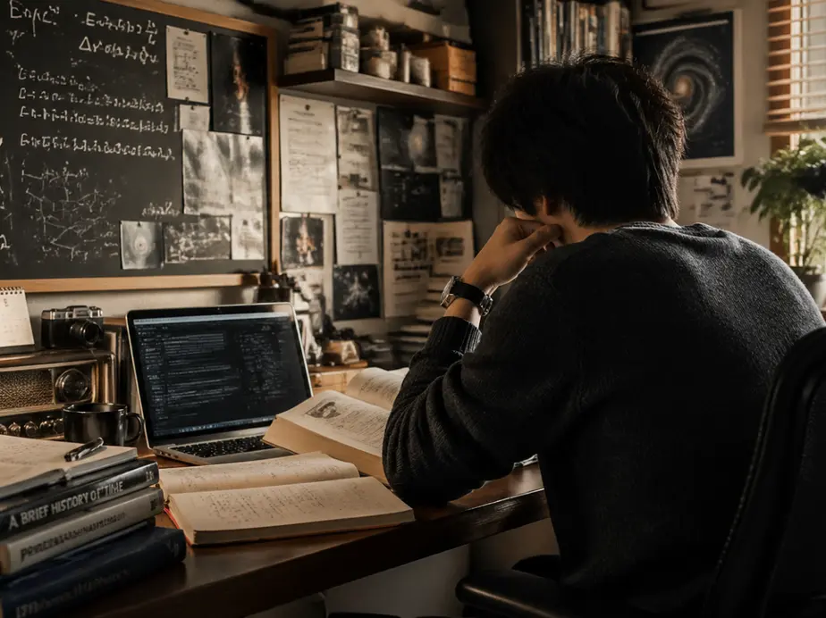Man working late at a vintage-style study desk