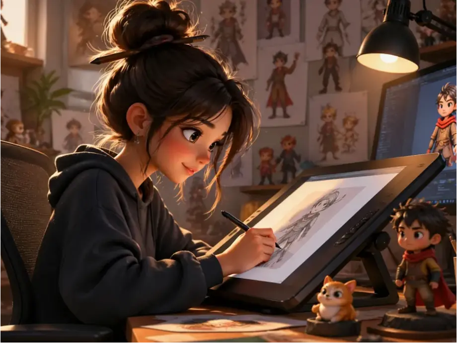 Young animator sketching character art in a cozy studio filled with concept sketches and figurines.