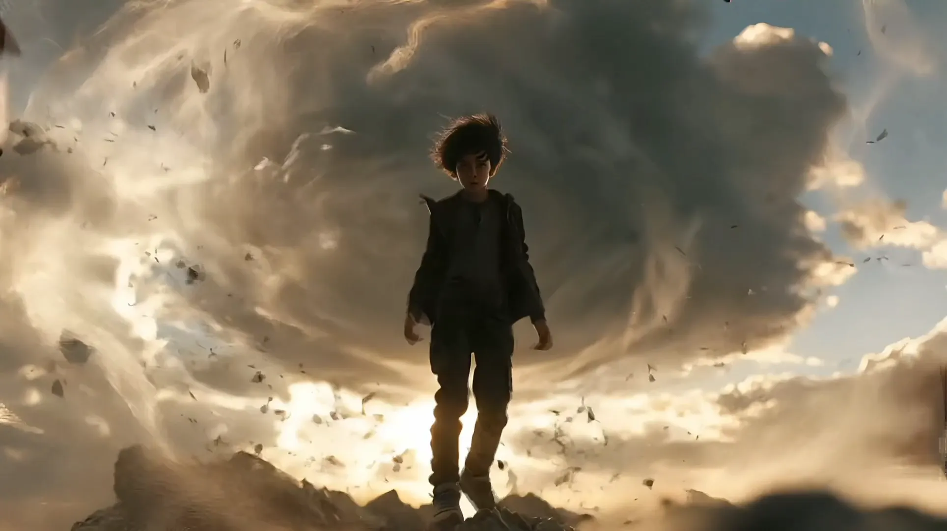 Maintain consistency with the original image, including the young boy's facial features, age, hairstyle, dark clothing, and body proportions. Use a continuous low-angle medium-wide shot throughout the entire sequence, with no cuts. The camera slowly tracks backward as the boy stands at the center of a massive sandstorm. Strong winds blow through his hair and clothing while rocks, dust, and sand swirl around his body.
With a determined expression, the boy slowly raises both hands and performs a clear, controlled spellcasting gesture in front of his chest. Golden magical energy gradually forms between his hands. Delicate streams of glowing light travel along his arms, while a rotating golden rune circle appears beneath his feet. Nearby rocks slowly rise into the air and remain suspended. Behind him, sand, dust, and dark storm clouds form an enormous circular vortex.
At the 5-second mark, the boy suddenly thrusts his right hand forward and releases a powerful golden magical shockwave from his palm. A circular wave of energy rapidly expands in every direction, blasting dust and rocks outward. The dark clouds behind him briefly split apart, allowing golden sunlight to shine through and illuminate his body.
In the final moment, the boy remains standing at the center of the storm, holding his spellcasting pose. His hair and clothing continue to move in the wind as the glowing magical particles slowly fade into the air. Epic fantasy film aesthetic, realistic human performance, golden backlighting, volumetric clouds, dynamic sand and dust, magical particles, powerful airflow, smooth and stable motion, ultra-detailed.
8-Second Shot Timing:
- 0–2 seconds: The boy stands at the center of the storm as the camera slowly tracks backward and rocks begin to circle around him.
- 2–5 seconds: He raises both hands and gathers golden magical energy; the rune circle beneath his feet gradually illuminates.
- 5–7 seconds: He thrusts his right hand forward and releases a circular magical shockwave.
- 7–8 seconds: The clouds split open; the boy holds his spellcasting pose as the energy slowly dissipates.
Negative Prompt:
Close-up shots, rapid camera push-in, sudden cuts, changing camera angles, altered facial features, age changes, character becoming an adult, unclear or chaotic spellcasting gestures, deformed hands, extra fingers, fused fingers, extra arms, distorted or misplaced limbs, magic covering the face, floating character, clothing changes, rocks passing through the body, melting background, image flickering, excessive camera shake, additional characters, weapons, text, subtitles, watermark.